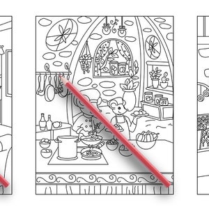May include: Three black and white illustrations of a mouse-themed shop. The first image shows a mouse getting a haircut in a salon. The second image shows a mouse chef cooking in a kitchen. The third image shows a mouse shopping for candy in a candy store with the sign "Candy-Co."