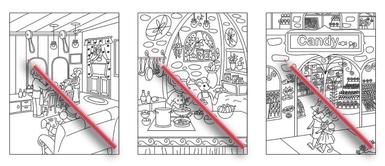 May include: Three black and white illustrations of a mouse-themed shop. The first image shows a mouse getting a haircut in a salon. The second image shows a mouse chef cooking in a kitchen. The third image shows a mouse shopping for candy in a candy store with the sign "Candy-Co."
