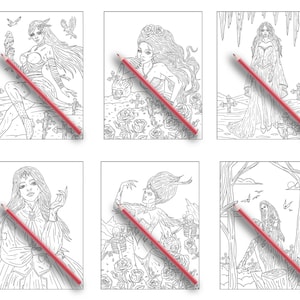 Puede incluir: Seis p&aacute;ginas para colorear en blanco y negro con mujeres g&oacute;ticas en varias poses. Cada p&aacute;gina tiene un l&aacute;piz dibujado en ella, lo que sugiere que las p&aacute;ginas son para colorear.