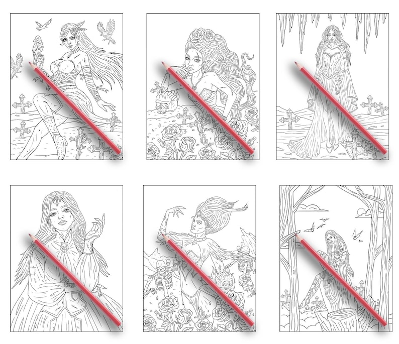 Puede incluir: Seis p&aacute;ginas para colorear en blanco y negro con mujeres g&oacute;ticas en varias poses. Cada p&aacute;gina tiene un l&aacute;piz dibujado en ella, lo que sugiere que las p&aacute;ginas son para colorear.