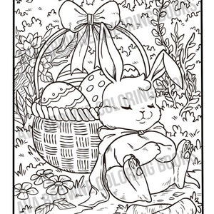Peut inclure: Un dessin au trait noir et blanc d'un lapin assis &agrave; c&ocirc;t&eacute; d'un panier d'&oelig;ufs de P&acirc;ques. Le lapin porte un n&oelig;ud et a les yeux ferm&eacute;s. Le panier est d&eacute;cor&eacute; d'un n&oelig;ud et contient quelques &oelig;ufs. Il y a une carotte au sol &agrave; c&ocirc;t&eacute; du lapin.