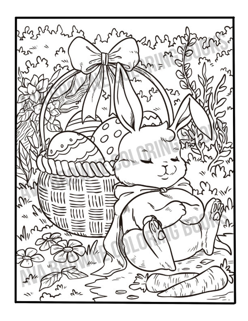 Peut inclure: Un dessin au trait noir et blanc d'un lapin assis &agrave; c&ocirc;t&eacute; d'un panier d'&oelig;ufs de P&acirc;ques. Le lapin porte un n&oelig;ud et a les yeux ferm&eacute;s. Le panier est d&eacute;cor&eacute; d'un n&oelig;ud et contient quelques &oelig;ufs. Il y a une carotte au sol &agrave; c&ocirc;t&eacute; du lapin.