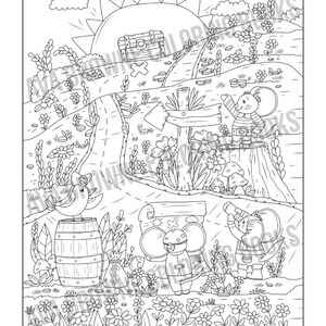 May include: A black and white colouring page featuring a pirate mouse, a bird, a treasure chest, and a barrel. The scene is set in a forest with flowers and mushrooms.