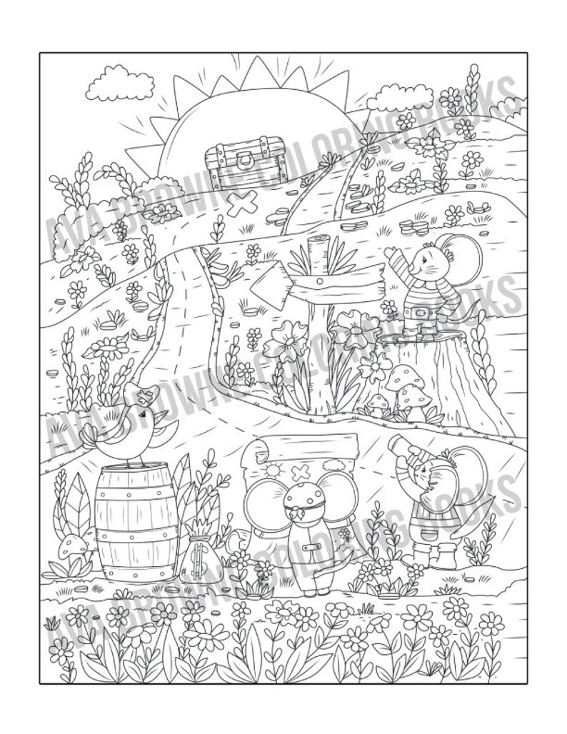 May include: A black and white colouring page featuring a pirate mouse, a bird, a treasure chest, and a barrel. The scene is set in a forest with flowers and mushrooms.