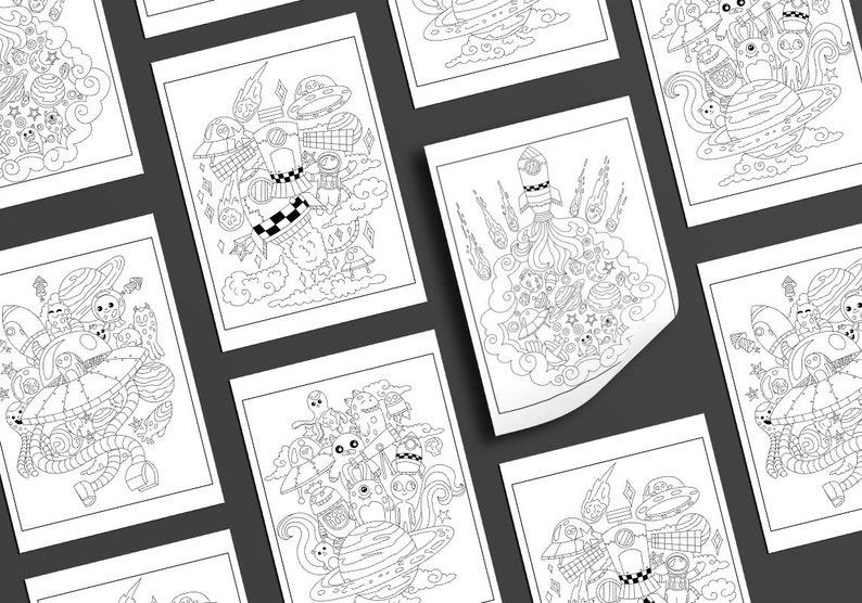 Peut inclure: Un ensemble de huit pages &agrave; colorier en noir et blanc repr&eacute;sentant des illustrations fantaisistes sur le th&egrave;me de l'espace. Chaque page repr&eacute;sente une sc&egrave;ne diff&eacute;rente avec des plan&egrave;tes, des &eacute;toiles, des fus&eacute;es et des extraterrestres.