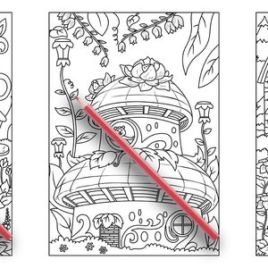 May include: Three black and white coloring pages featuring whimsical mushroom houses with intricate details. The first page shows a mushroom house with a cat sitting outside. The second page shows a mushroom house with a flower on top. The third page shows a mushroom house with a chimney and a path leading to the front door.