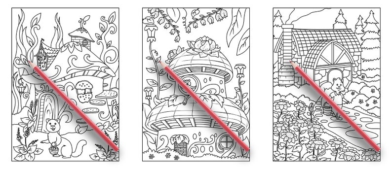 May include: Three black and white coloring pages featuring whimsical mushroom houses with intricate details. The first page shows a mushroom house with a cat sitting outside. The second page shows a mushroom house with a flower on top. The third page shows a mushroom house with a chimney and a path leading to the front door.