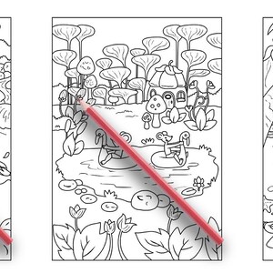 以下が含まれることがあります： 異なるシーンを描いた白黒の塗り絵3枚。最初のページは、いかだに乗った2人がいる川。2枚目は、2羽のアヒルとキノコの家がある池。3枚目は、ヤシの木の下でリラックスしている2人がいるビーチです。