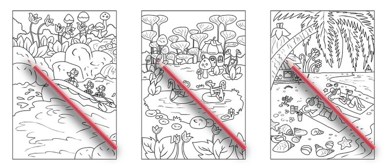 以下が含まれることがあります： 異なるシーンを描いた白黒の塗り絵3枚。最初のページは、いかだに乗った2人がいる川。2枚目は、2羽のアヒルとキノコの家がある池。3枚目は、ヤシの木の下でリラックスしている2人がいるビーチです。