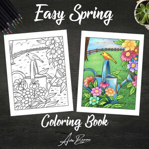 K&ouml;nnte beinhalten: Eine Malvorlage mit einer Gie&szlig;kanne, Blumen und einem Vogel. Die Seite ist schwarzwei&szlig; und kann ausgemalt werden. Der Titel des Buches lautet "Easy Spring Coloring Book" von Ava Browne.