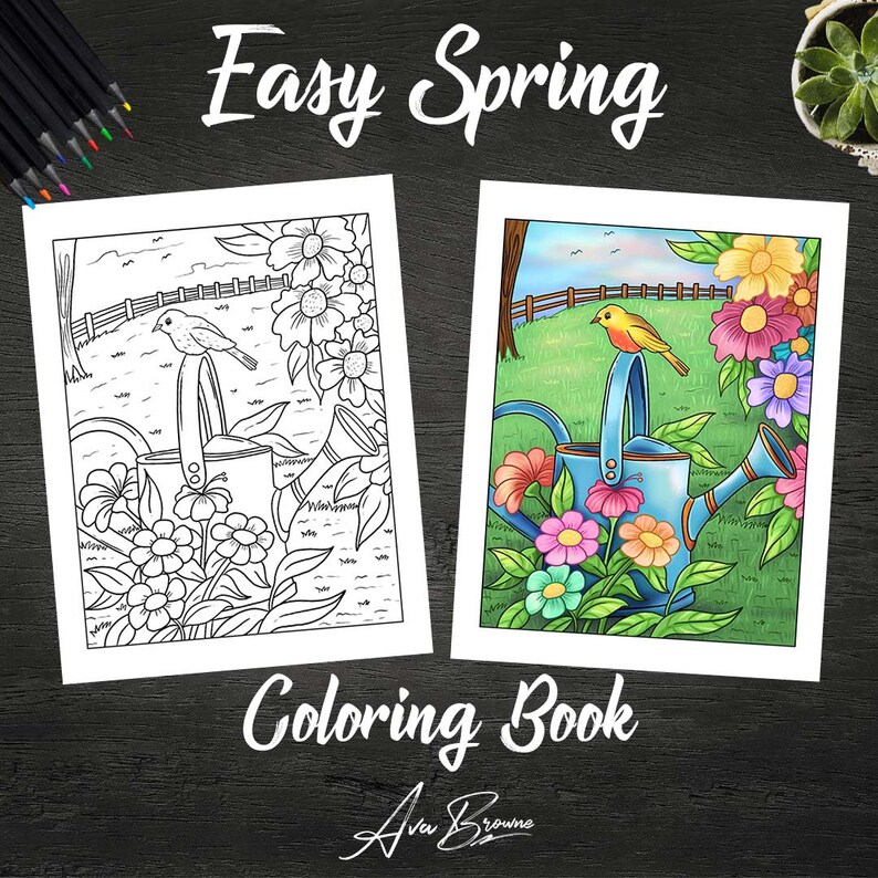 K&ouml;nnte beinhalten: Eine Malvorlage mit einer Gie&szlig;kanne, Blumen und einem Vogel. Die Seite ist schwarzwei&szlig; und kann ausgemalt werden. Der Titel des Buches lautet "Easy Spring Coloring Book" von Ava Browne.