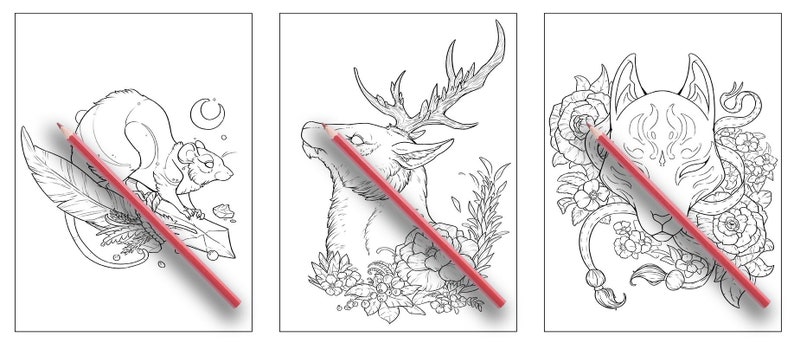以下が含まれることがあります： ネズミ、鹿、キツネの3つの白黒の塗り絵。それぞれの動物は花柄で囲まれています。