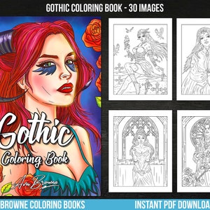 Puede incluir: Una portada de libro para colorear con una ilustraci&oacute;n de estilo g&oacute;tico de una mujer con cuernos y cabello rojo. El t&iacute;tulo "Gothic Coloring Book" est&aacute; escrito en una fuente estilizada. La portada tambi&eacute;n incluye rosas y el nombre del artista, "Ava Browne".