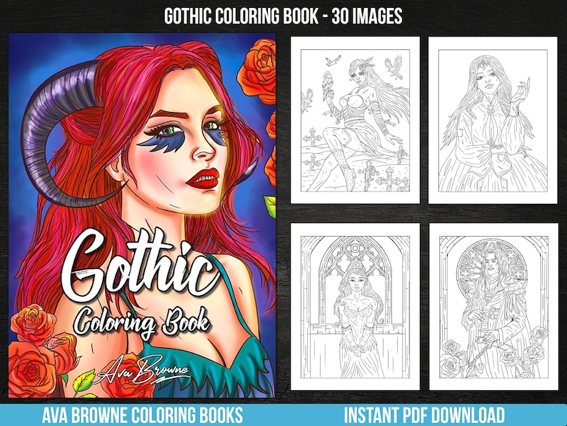 Puede incluir: Una portada de libro para colorear con una ilustraci&oacute;n de estilo g&oacute;tico de una mujer con cuernos y cabello rojo. El t&iacute;tulo "Gothic Coloring Book" est&aacute; escrito en una fuente estilizada. La portada tambi&eacute;n incluye rosas y el nombre del artista, "Ava Browne".