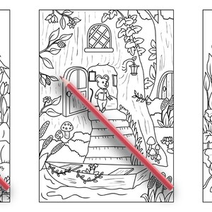 May include: Three black and white coloring pages featuring whimsical mushroom houses with intricate details. The first page shows a mushroom house with a door and a window, surrounded by trees and flowers. The second page shows a mushroom house with a door and a window, surrounded by trees and flowers. The third page shows a mushroom house with a door and a window, surrounded by trees and flowers.