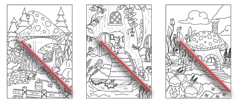 May include: Three black and white coloring pages featuring whimsical mushroom houses with intricate details. The first page shows a mushroom house with a door and a window, surrounded by trees and flowers. The second page shows a mushroom house with a door and a window, surrounded by trees and flowers. The third page shows a mushroom house with a door and a window, surrounded by trees and flowers.