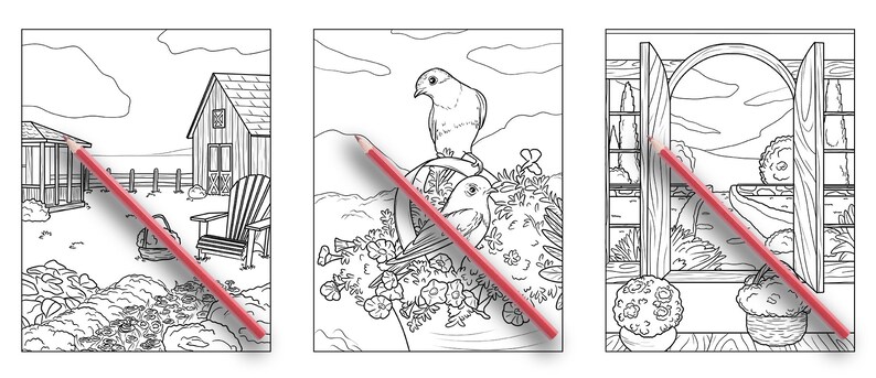 Puede incluir: Tres p&aacute;ginas de libro para colorear en blanco y negro. La primera p&aacute;gina muestra una casa con un porche y una silla. La segunda p&aacute;gina muestra dos p&aacute;jaros posados en una rama con flores. La tercera p&aacute;gina muestra una puerta con vista a un jard&iacute;n.