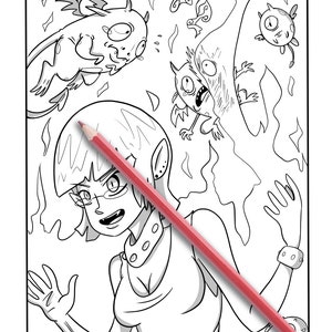 May include: Black and white illustration of a fantasy scene with a woman and several cartoon monsters. A red pencil is diagonally across the image. The woman has glasses and is surrounded by flames. The monsters have horns and wings.