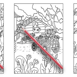 May include: Three black and white coloring pages featuring whimsical scenes. The first page shows two rabbits sitting at a table in front of a house with a door and windows. The second page shows a small cottage with a sign that reads "Tea Shop" and a cart full of flowers. The third page shows a mushroom house with a door and windows, and a small figure standing in front of it.