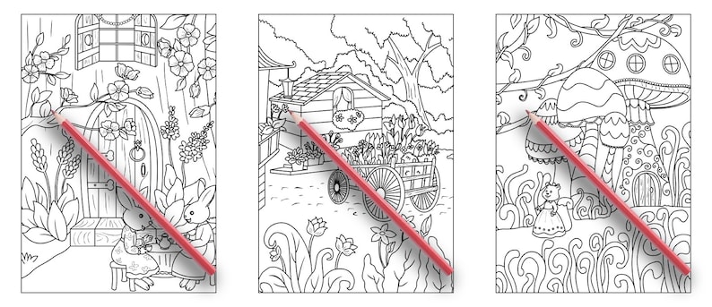 May include: Three black and white coloring pages featuring whimsical scenes. The first page shows two rabbits sitting at a table in front of a house with a door and windows. The second page shows a small cottage with a sign that reads "Tea Shop" and a cart full of flowers. The third page shows a mushroom house with a door and windows, and a small figure standing in front of it.