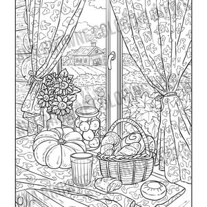 May include: A black and white line drawing of a still life with a pumpkin, a jar of preserves, a basket of bread, a glass of juice, and a plate of bread on a table with a window view of a farmhouse in the distance.