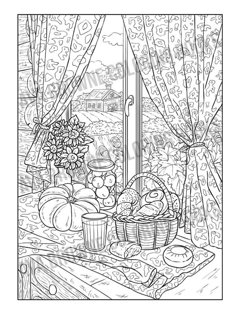 May include: A black and white line drawing of a still life with a pumpkin, a jar of preserves, a basket of bread, a glass of juice, and a plate of bread on a table with a window view of a farmhouse in the distance.