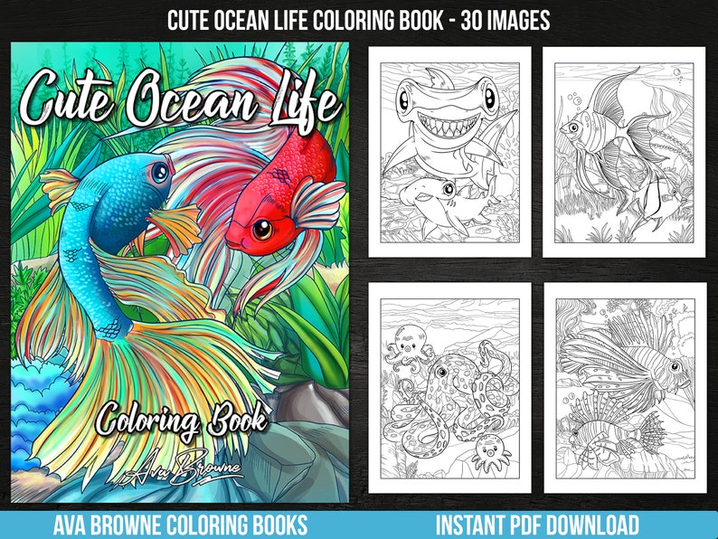 May include: A coloring book cover featuring a colorful illustration of two betta fish, one blue and one red, with the title "Cute Ocean Life Coloring Book" and the text "AVA BROWNE COLORING BOOKS" at the bottom.