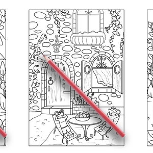 以下が含まれることがあります： 庭のある風変わりな家をテーマにした、白黒の塗り絵3枚。最初のページは、庭と2人の子供がいる家を表現しています。2枚目は、庭とデッキチェアでリラックスしている人を表現しています。3枚目は、庭とウサギがいる家を表現しています。