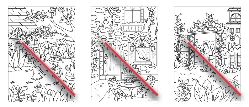 以下が含まれることがあります： 庭のある風変わりな家をテーマにした、白黒の塗り絵3枚。最初のページは、庭と2人の子供がいる家を表現しています。2枚目は、庭とデッキチェアでリラックスしている人を表現しています。3枚目は、庭とウサギがいる家を表現しています。