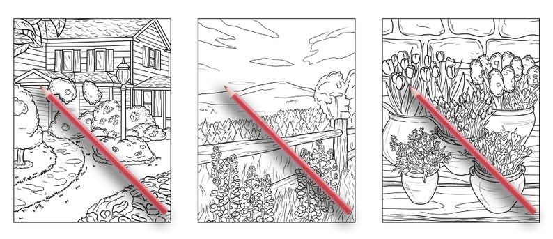 Puede incluir: Tres p&aacute;ginas para colorear en blanco y negro que representan una casa con un jard&iacute;n, un paisaje con una valla y flores, y un bodeg&oacute;n de flores en macetas.