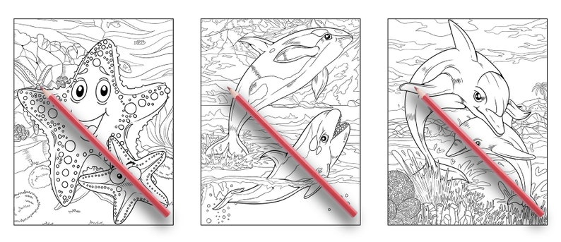 May include: Three black and white coloring pages featuring underwater scenes. The first page shows a starfish with a smiling face. The second page shows two dolphins swimming. The third page shows two orcas swimming.