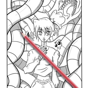May include: Black and white line art coloring page featuring a young person drinking from a cup, surrounded by stylized snakes and a monster. A red colored pencil is diagonally across the page. The theme is fantasy and illustration.