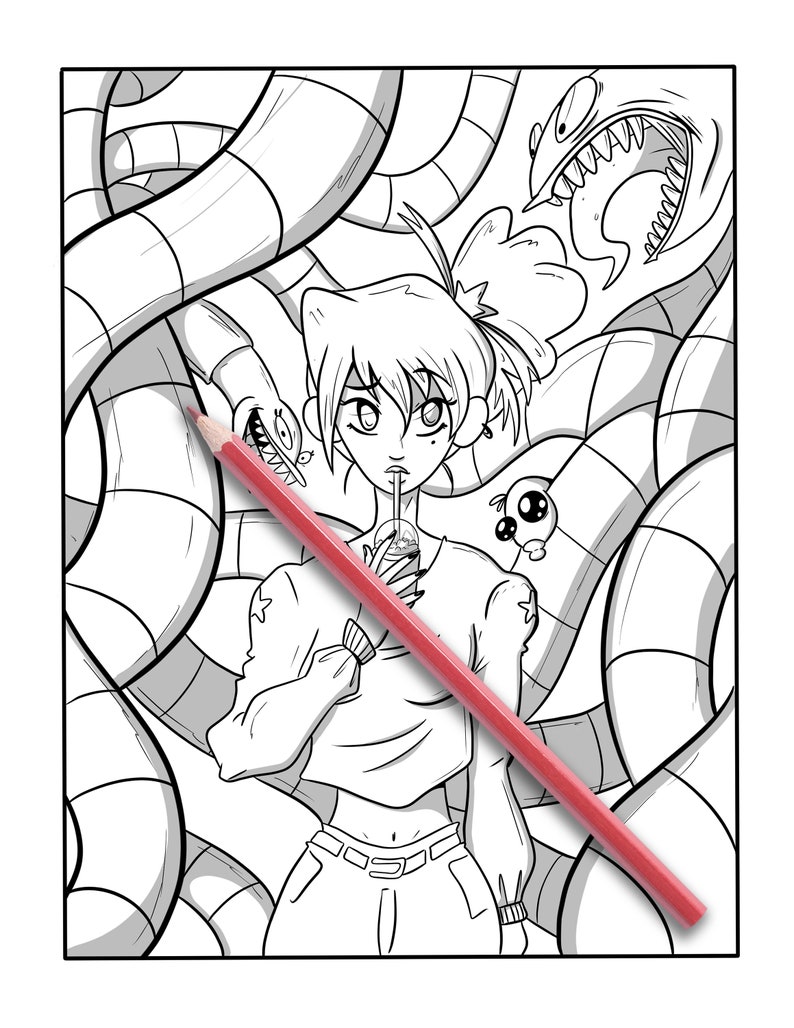 May include: Black and white line art coloring page featuring a young person drinking from a cup, surrounded by stylized snakes and a monster. A red colored pencil is diagonally across the page. The theme is fantasy and illustration.