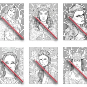 May include: Six black and white illustrations of women with warrior-like features. Each woman is wearing a helmet and armor. The illustrations are in a style reminiscent of fantasy art.