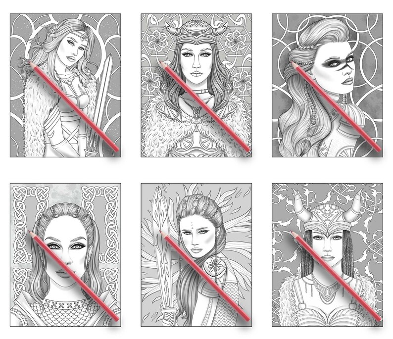 May include: Six black and white illustrations of women with warrior-like features. Each woman is wearing a helmet and armor. The illustrations are in a style reminiscent of fantasy art.