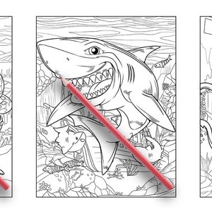 May include: Three black and white coloring pages featuring a shark, an octopus, and a squid. Each page has a red pencil lying on top of it.