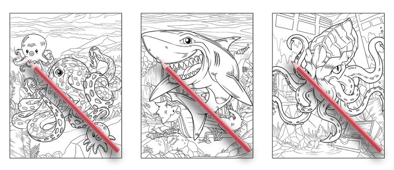 May include: Three black and white coloring pages featuring a shark, an octopus, and a squid. Each page has a red pencil lying on top of it.