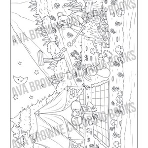 May include: A black and white illustration of a camping scene with a bear, a rabbit, and a mouse. The bear is building a fire, the rabbit is sitting on a blanket, and the mouse is reading a book in a tent.