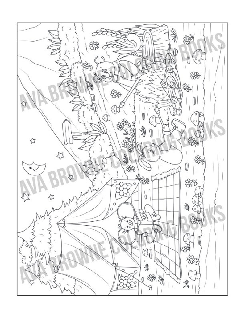 May include: A black and white illustration of a camping scene with a bear, a rabbit, and a mouse. The bear is building a fire, the rabbit is sitting on a blanket, and the mouse is reading a book in a tent.
