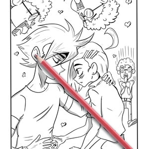 May include: Black and white line art coloring page featuring two figures embracing, with hearts and cartoon characters in the background. A red pencil is laid across the image. The theme is romance.