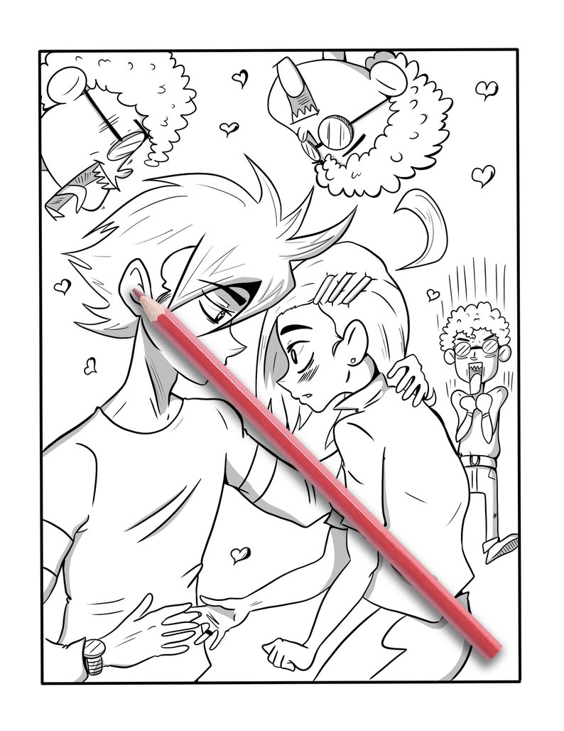 May include: Black and white line art coloring page featuring two figures embracing, with hearts and cartoon characters in the background. A red pencil is laid across the image. The theme is romance.