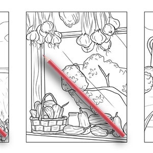 Puede incluir: Tres p&aacute;ginas para colorear en blanco y negro que representan un molino de viento, una ventana con cebollas colgantes y una persona que sostiene una regadera. Las p&aacute;ginas est&aacute;n todas sobre un fondo blanco con un l&aacute;piz rojo sobre cada p&aacute;gina.