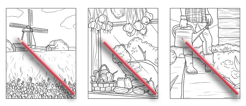 Puede incluir: Tres p&aacute;ginas para colorear en blanco y negro que representan un molino de viento, una ventana con cebollas colgantes y una persona que sostiene una regadera. Las p&aacute;ginas est&aacute;n todas sobre un fondo blanco con un l&aacute;piz rojo sobre cada p&aacute;gina.