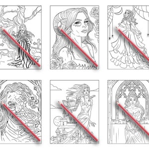 Puede incluir: Seis p&aacute;ginas para colorear en blanco y negro con mujeres en diferentes escenarios g&oacute;ticos y de fantas&iacute;a. Cada p&aacute;gina incluye un l&aacute;piz y una goma de borrar roja.