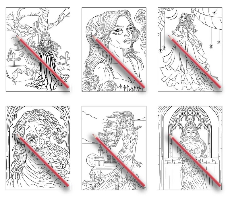 Puede incluir: Seis p&aacute;ginas para colorear en blanco y negro con mujeres en diferentes escenarios g&oacute;ticos y de fantas&iacute;a. Cada p&aacute;gina incluye un l&aacute;piz y una goma de borrar roja.