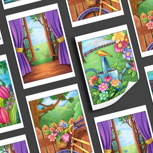 K&ouml;nnte beinhalten: Eine Sammlung von bunten Illustrationen mit verschiedenen Szenen, darunter ein Haus mit rotem Dach, ein Fenster mit violetten Vorh&auml;ngen, ein Fahrrad mit Blumen im Korb und eine Gie&szlig;kanne mit Blumen. Die Illustrationen sind im Cartoon-Stil gezeichnet und haben einen verspielten Charakter.