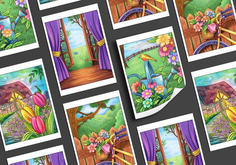 K&ouml;nnte beinhalten: Eine Sammlung von bunten Illustrationen mit verschiedenen Szenen, darunter ein Haus mit rotem Dach, ein Fenster mit violetten Vorh&auml;ngen, ein Fahrrad mit Blumen im Korb und eine Gie&szlig;kanne mit Blumen. Die Illustrationen sind im Cartoon-Stil gezeichnet und haben einen verspielten Charakter.