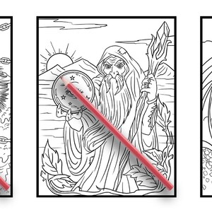 May include: Three black and white colouring pages featuring a werewolf, a wizard, and a dragon. Each page has a red pencil lying across it.