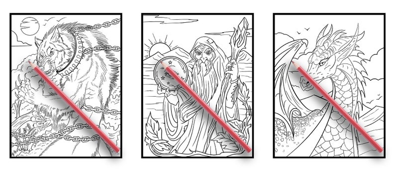 May include: Three black and white colouring pages featuring a werewolf, a wizard, and a dragon. Each page has a red pencil lying across it.