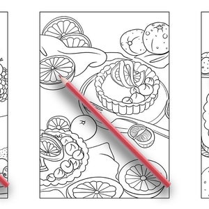 May include: Three black and white coloring pages featuring different desserts. The first page shows a cake with berries and leaves. The second page shows a tart with citrus fruit. The third page shows a tart with citrus fruit and a teapot.